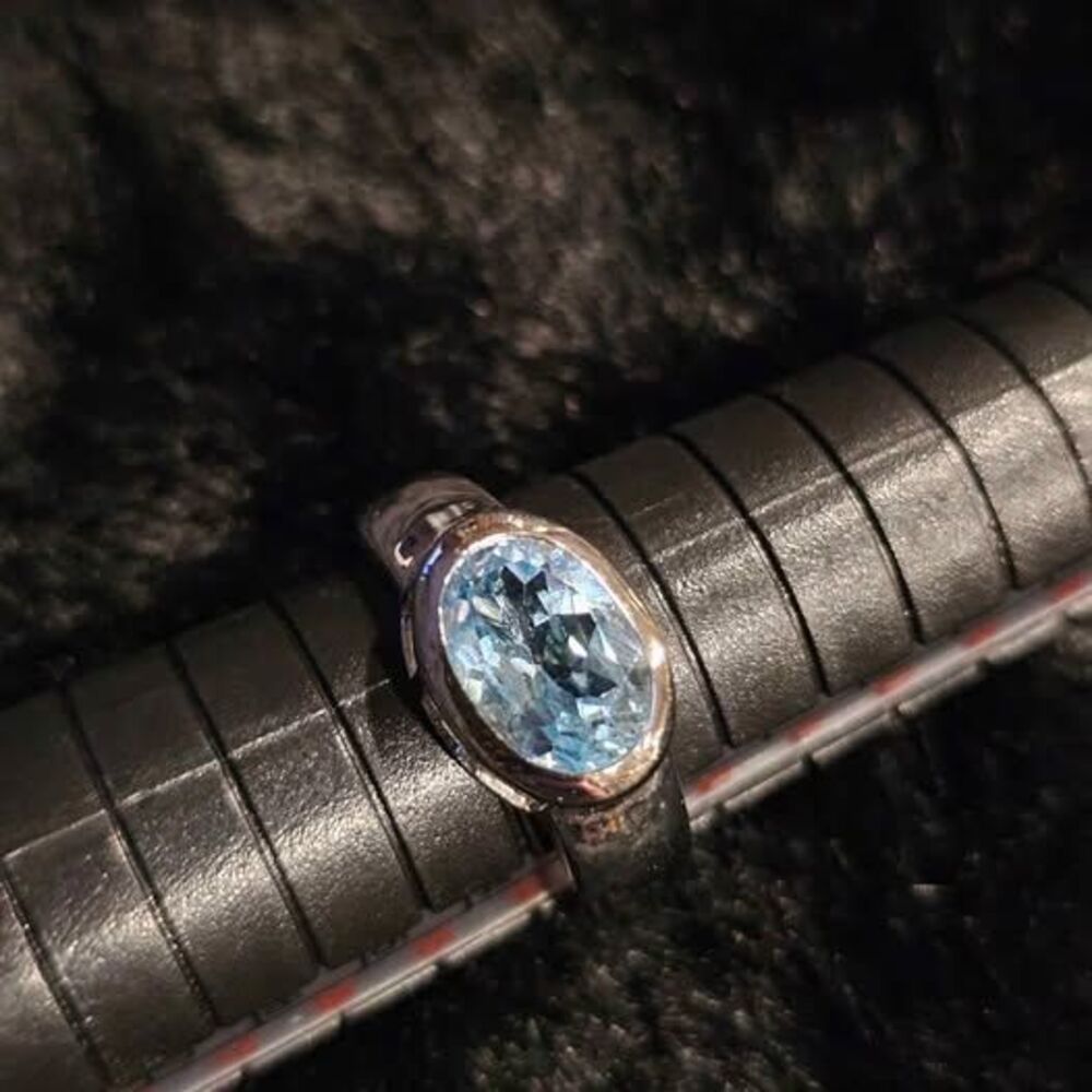 Oval blue Topaz ring in 925 sterling silver setting. Size 7